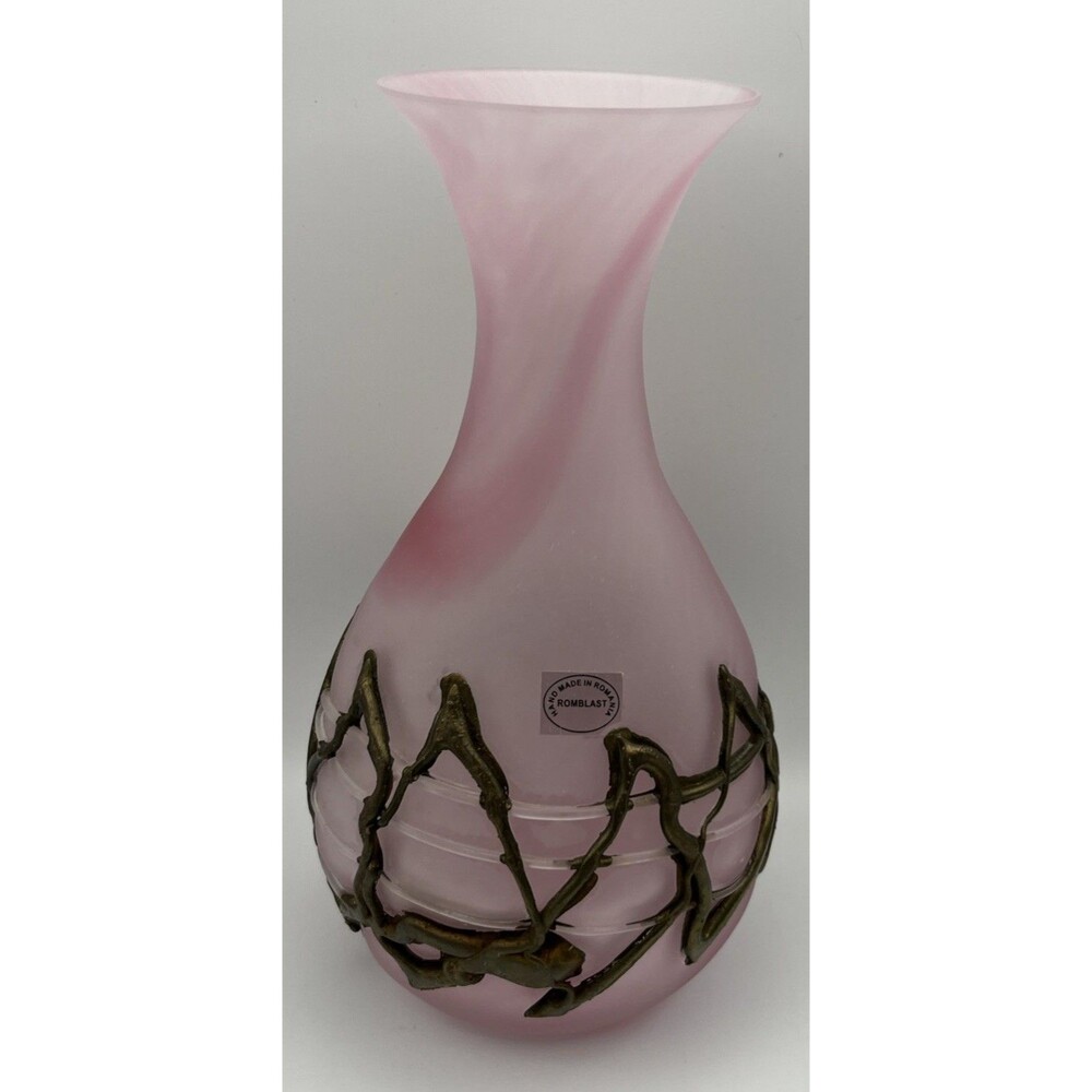 Romblast hand Blown Glass Pink Swirl vase wrapped in a metallic leaf stem design